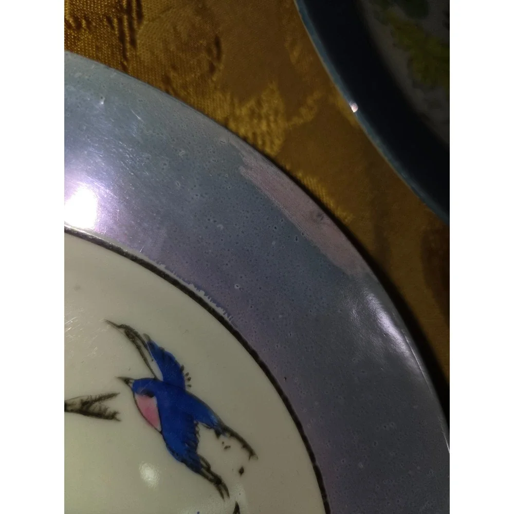 Vintage Japanese Lusterware Bluebird Flower Plates Set of 7 Made in Japan Blue